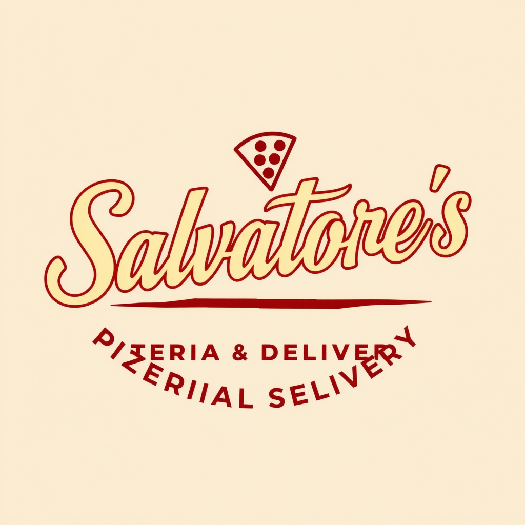 Salvatore's Pizzeria & Delivery logo featuring classic 1950s diner style typography with burgundy red and cream colors, pizza slice icon
