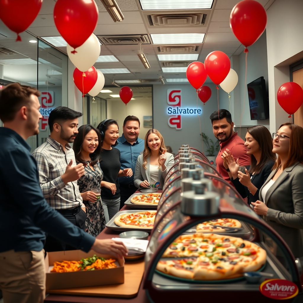 Festive employee appreciation event with Salvatore pizza buffet, decorated office space, happy employees celebrating, balloons and company branding visible