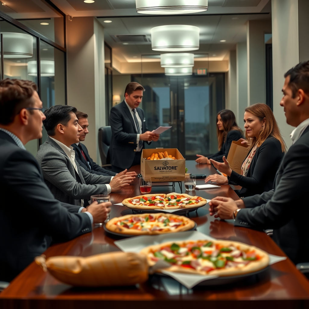 Professional client meeting with Salvatore pizza catering, business executives in formal attire, upscale office setting, impressive presentation