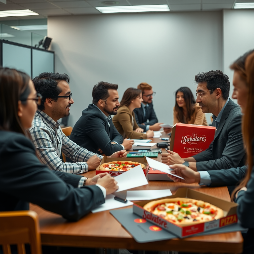 Corporate training session with Salvatore pizza lunch break, employees in classroom setting, learning materials and pizza boxes, professional development environment