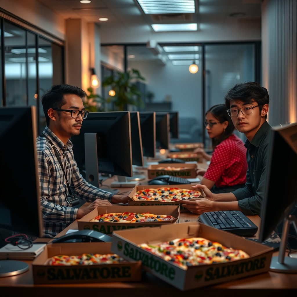 Office team working late with Salvatore pizza delivery, evening office lighting, dedicated employees at computers with pizza boxes, overtime work support
