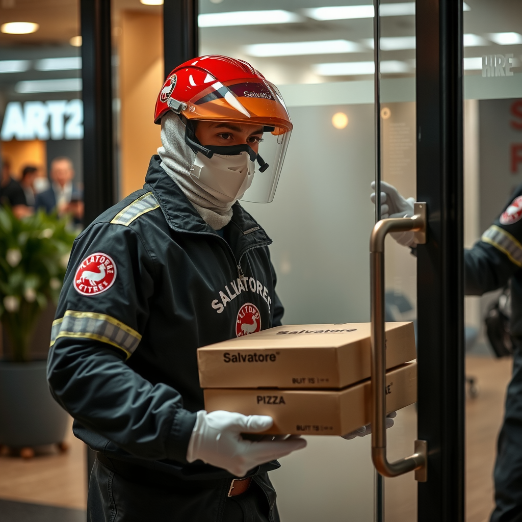 Salvatore delivery driver in protective gear placing sealed pizza boxes at office entrance, maintaining safe distance, professional contactless delivery procedure, safety protocols visible