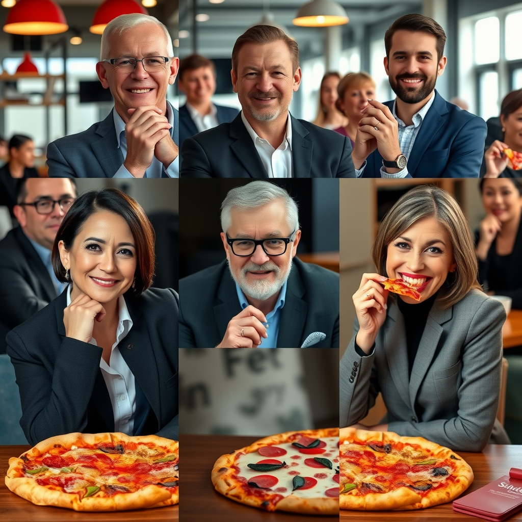 Collage of satisfied corporate clients from various Canadian businesses enjoying Salvatore pizza, diverse industries represented, testimonial-style imagery showing real workplace satisfaction