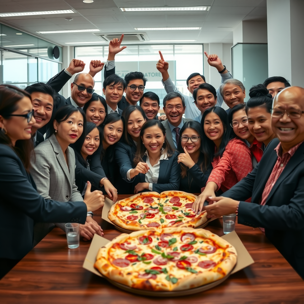 Large group photo of successful corporate team celebrating with Salvatore pizza, diverse Canadian business professionals, modern office environment, team building and satisfaction evident