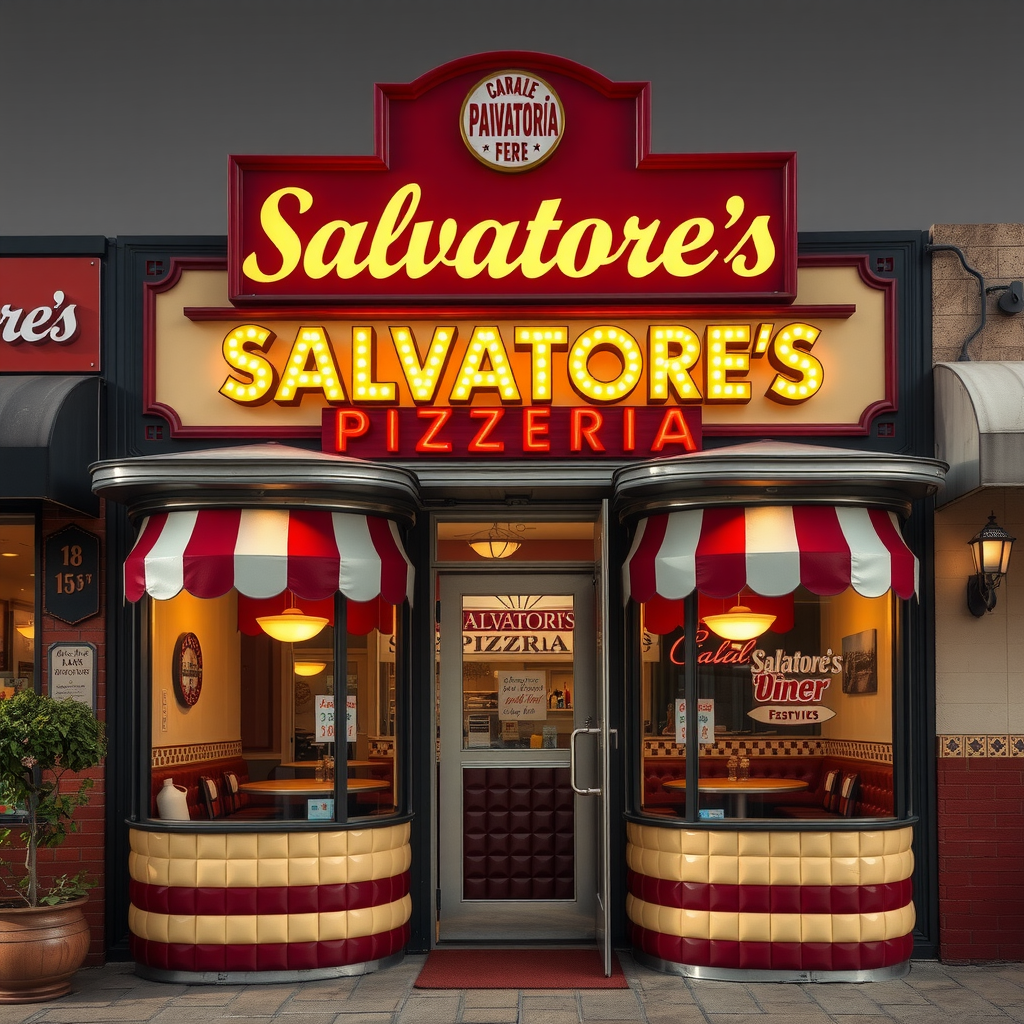 Salvatore's Pizzeria storefront with classic 1950s diner aesthetic, featuring burgundy and cream colors, checkered patterns, and welcoming entrance with vintage signage