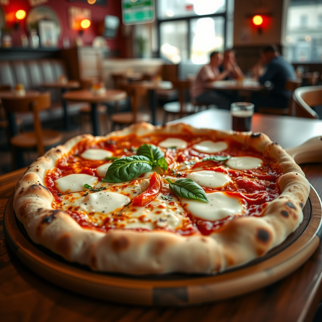 Freshly baked authentic Italian pizza with melted mozzarella cheese, pepperoni, fresh basil leaves, and tomato sauce on a wooden serving board in a classic pizzeria setting with warm lighting
