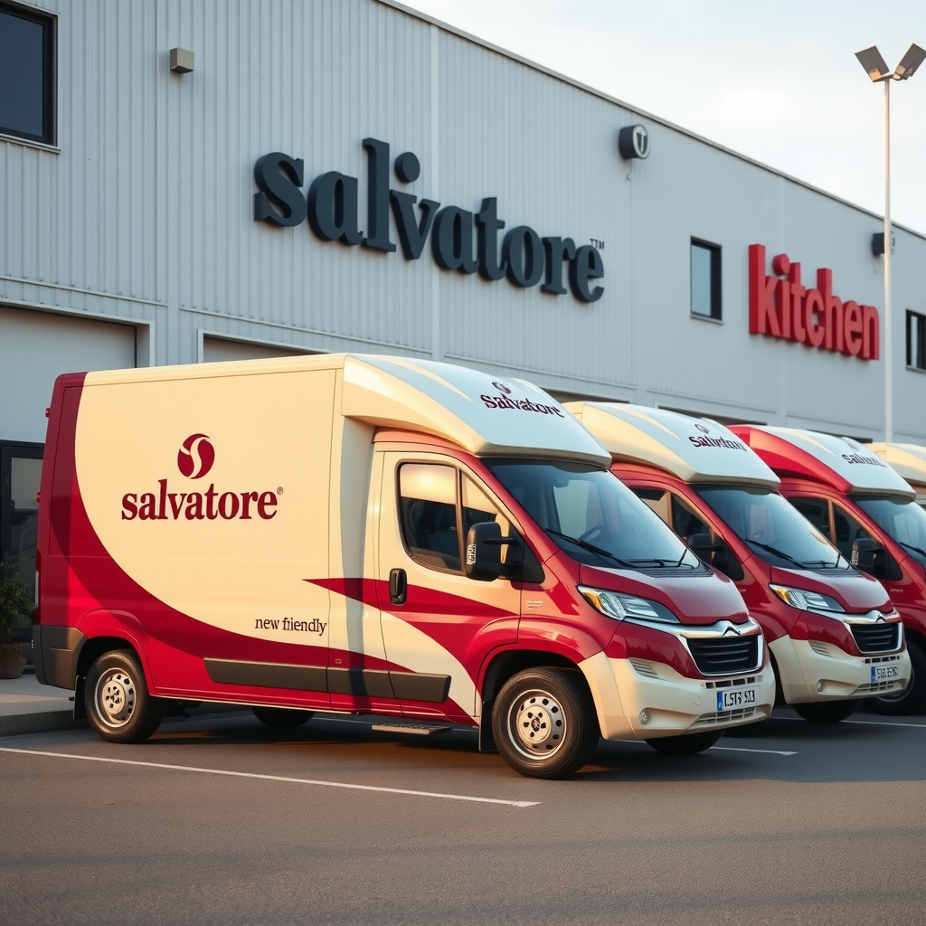 Modern eco-friendly delivery vehicles with Salvatore branding parked in front of a new kitchen facility, featuring burgundy and cream color scheme with the Salvatore logo prominently displayed