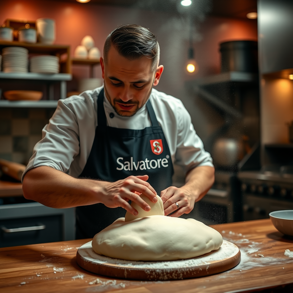 Chef Marco Benedetti expertly kneading traditional pizza dough on a wooden surface in Salvatore's professional kitchen, with flour creating a cloud around his hands, warm ambient lighting highlighting the artisanal process