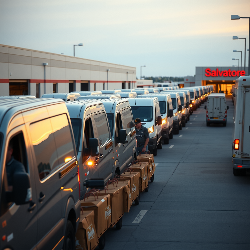 Salvatore pizza delivery fleet lined up outside distribution center with dozens of delivery vehicles ready for Black Friday rush, drivers loading insulated pizza bags, bustling activity at dawn