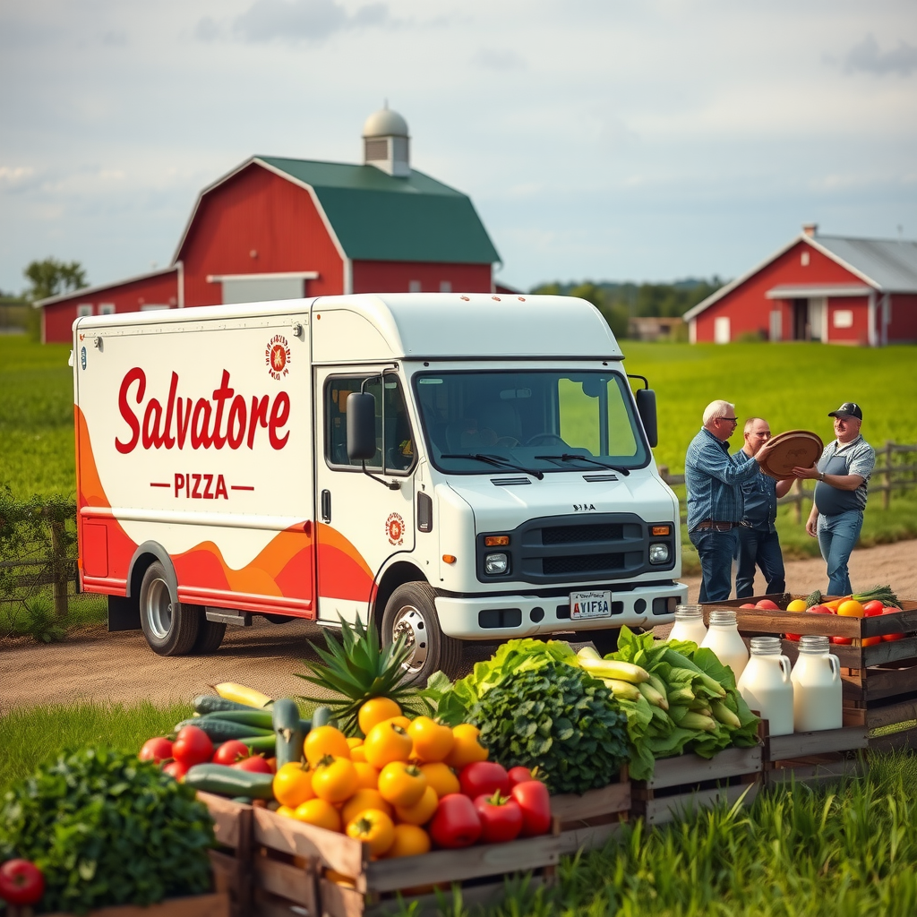 Salvatore pizza delivery truck parked at a picturesque Canadian family farm with red barn, green fields, and farmers shaking hands with Salvatore representatives, fresh vegetables and dairy products displayed in wooden crates in foreground