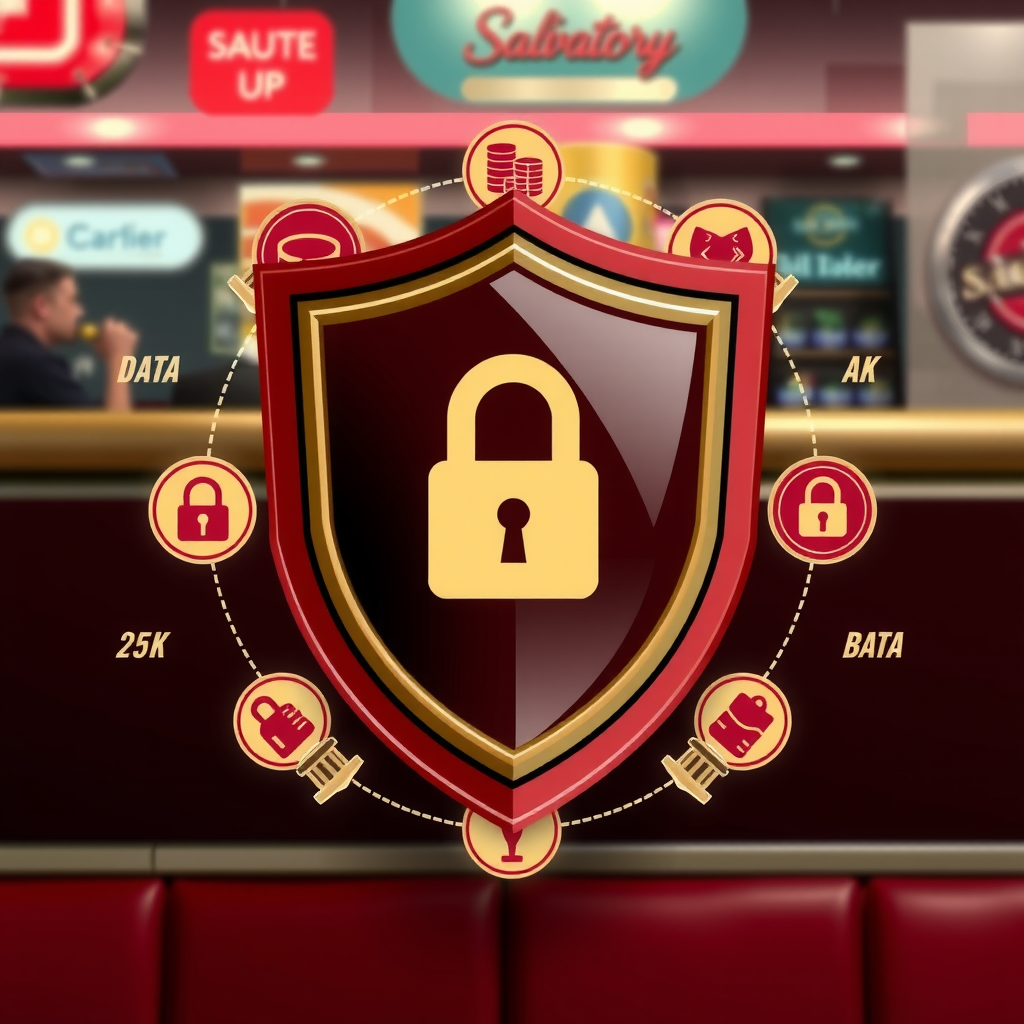 Illustration showing a protective shield with lock icon surrounded by data security symbols, representing Salvatore's commitment to protecting customer information with burgundy and cream color scheme in retro 1950s diner style