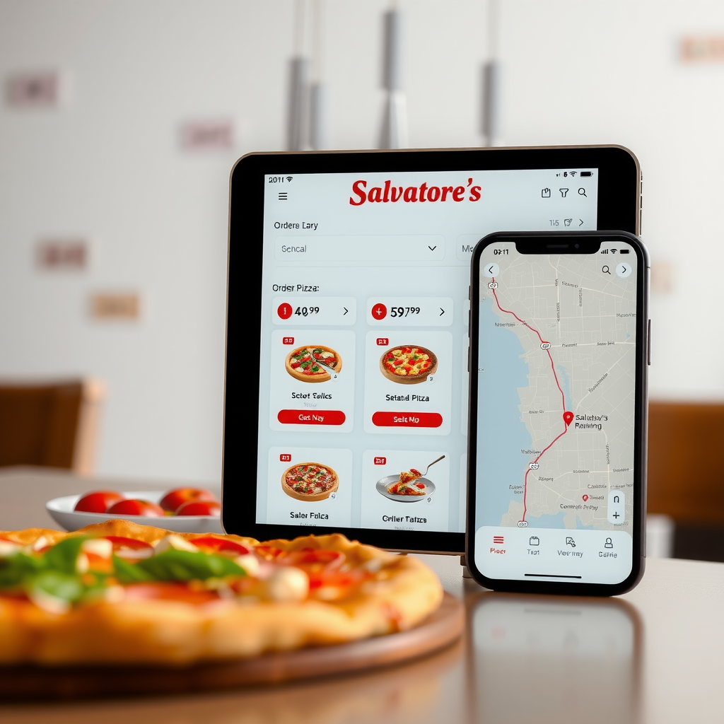Modern digital interface showing Salvatore's pizza ordering system on tablet and smartphone with menu items, customization options, and real-time delivery tracking map