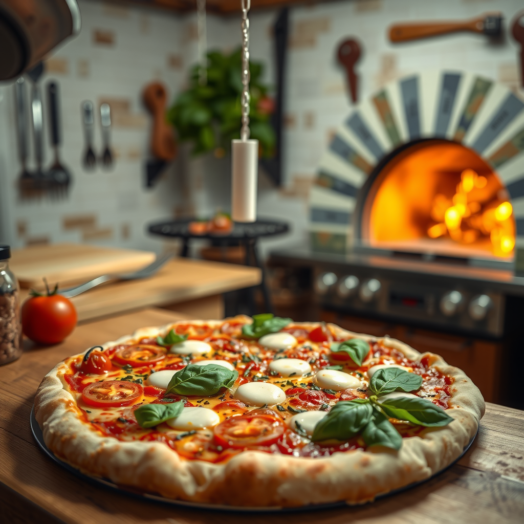 Authentic Italian pizza being prepared in a traditional kitchen with fresh mozzarella, ripe tomatoes, and basil leaves on a wooden counter, wood-fired oven glowing in the background