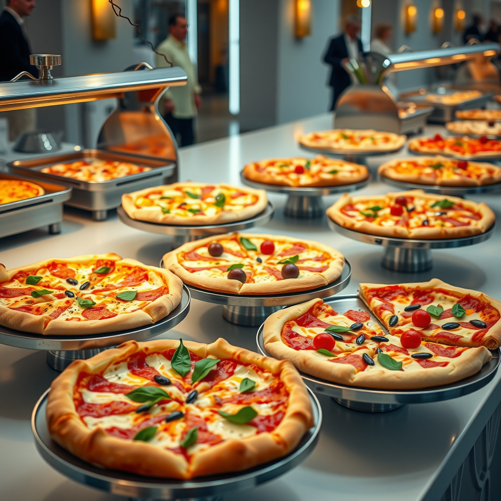 Professional pizza catering display with multiple pizza varieties arranged on elegant serving platters at an upscale event, featuring colorful toppings, garnishes, and professional presentation with warming stations