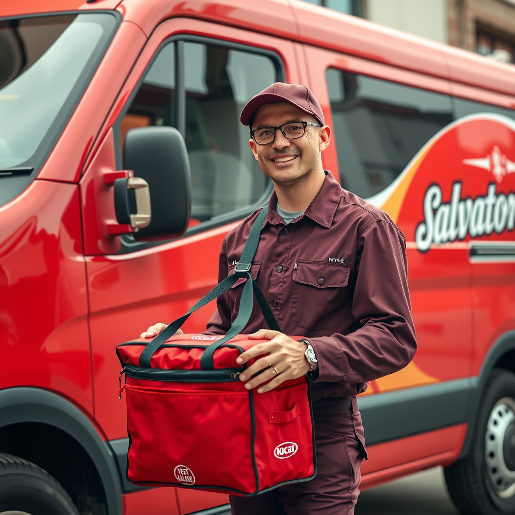 Smiling delivery driver in burgundy uniform holding insulated pizza delivery bag next to red branded delivery vehicle with Salvatore logo, ready to deliver hot fresh pizza