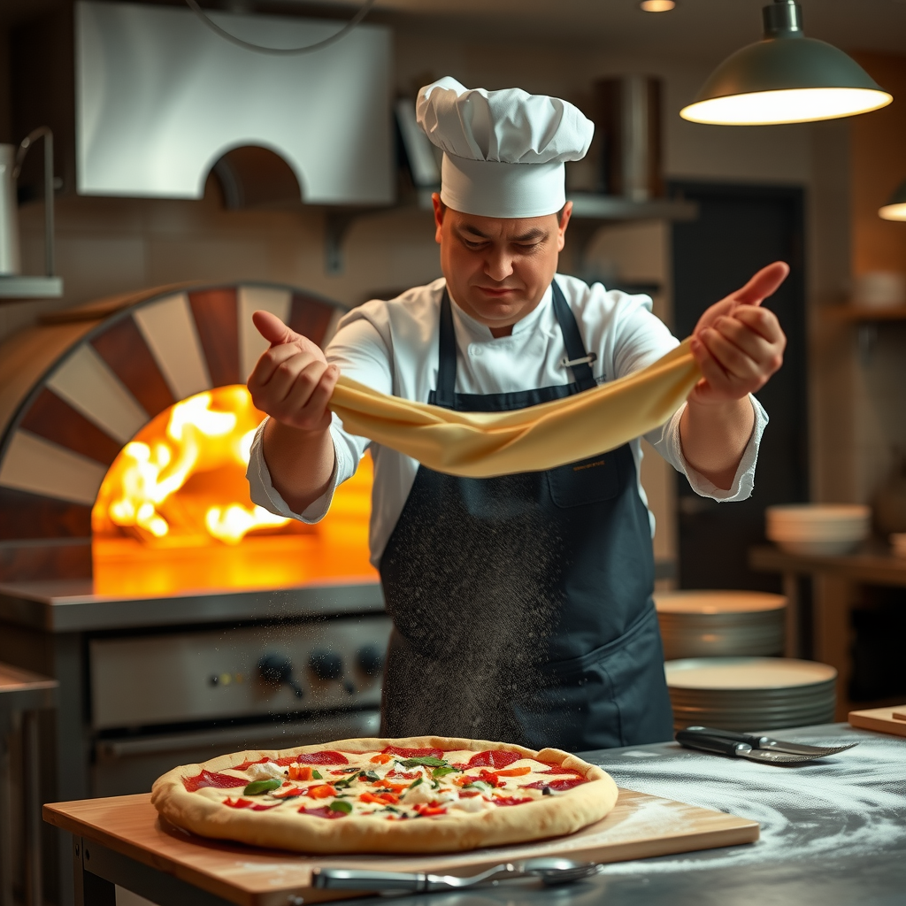 Salvatore's master chef demonstrating authentic Italian pizza dough stretching technique in a professional kitchen with a traditional wood-fired brick oven in the background, warm lighting, flour dust in air, hands-on cooking class atmosphere