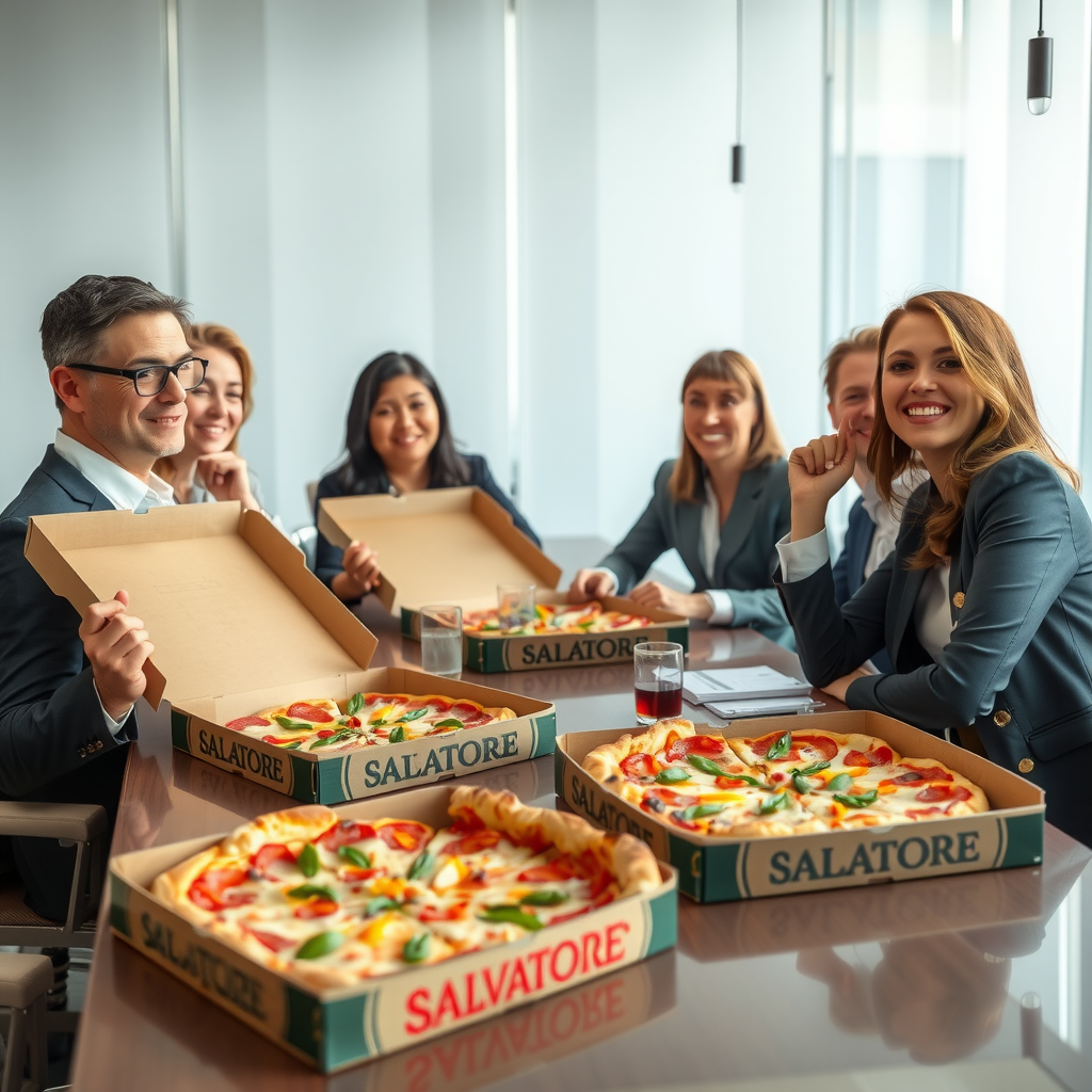 Professional business team enjoying fresh Salvatore pizza delivery during office lunch meeting, with multiple pizza boxes on conference table, happy employees collaborating