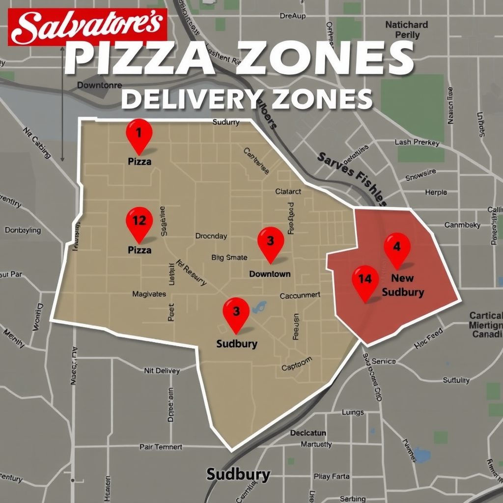 Map showing Salvatore's pizza delivery zones across Sudbury, Canada, with highlighted service areas including New Sudbury, downtown Sudbury, and surrounding neighborhoods, featuring red and cream colored zone markers on a street map background