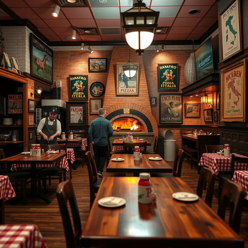 Warm and inviting Italian pizzeria interior with brick oven, wooden tables, checkered tablecloths, vintage Italian posters on walls, and friendly staff preparing fresh pizza dough
