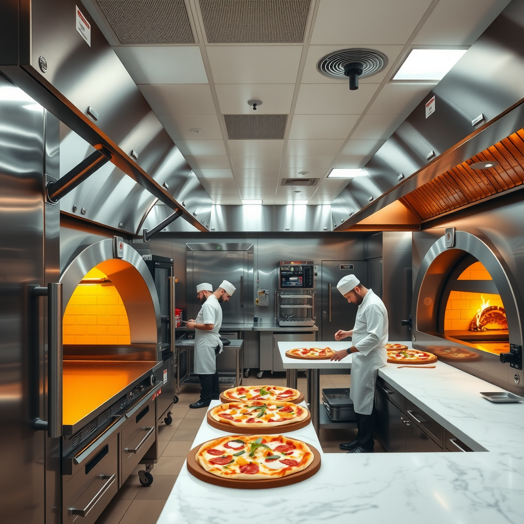 Spacious commercial kitchen interior with gleaming stainless steel equipment, traditional Italian wood-fired pizza ovens, and chefs in white uniforms preparing pizzas on marble countertops