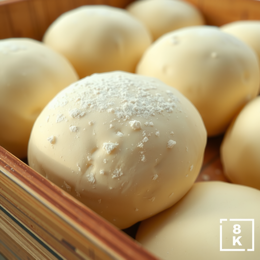 Close-up photograph of perfectly fermented pizza dough balls resting in traditional wooden proofing boxes, showing the ideal smooth texture with visible air bubbles beneath the surface, dusted lightly with flour