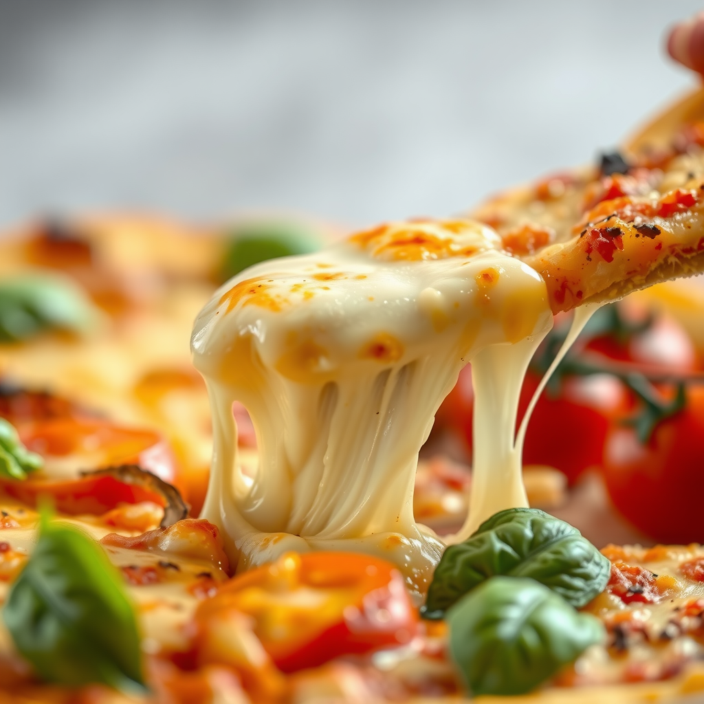 Close-up shot of melted dairy-free cheese stretching from a slice of pizza, showing golden-brown bubbling texture with fresh basil leaves and cherry tomatoes in soft focus background