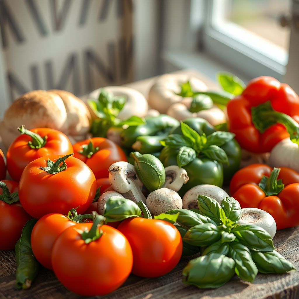 Vibrant display of fresh Canadian farm vegetables including ripe red tomatoes, green bell peppers, mushrooms, and leafy basil arranged on rustic wooden table with morning sunlight, representing locally-sourced pizza ingredients