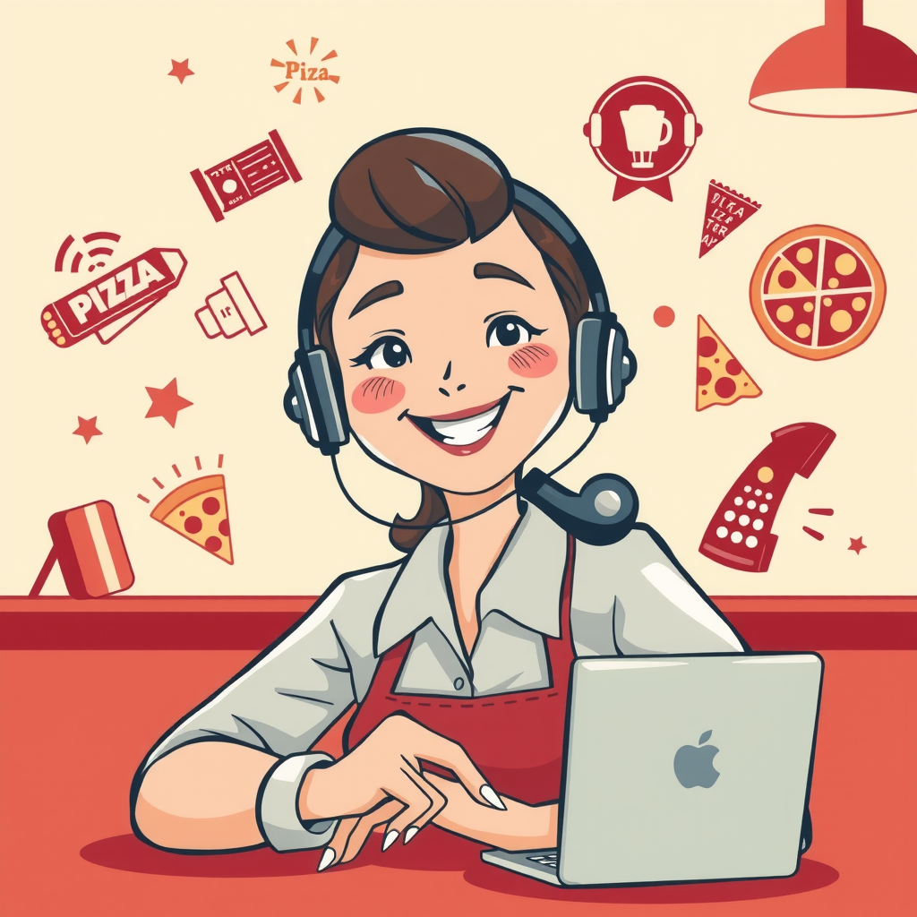 Friendly illustration of customer service representative with headset helping customers, surrounded by pizza icons and communication symbols in classic 1950s diner aesthetic with burgundy and cream colors