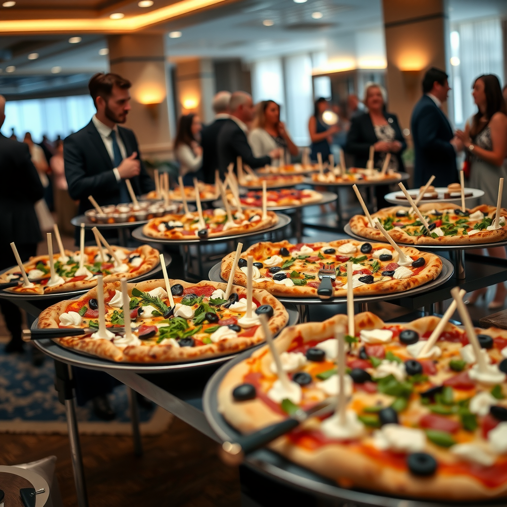 Elegant catering setup with multiple large pizza platters, appetizers, salads and desserts arranged on buffet table at corporate event with guests mingling in background