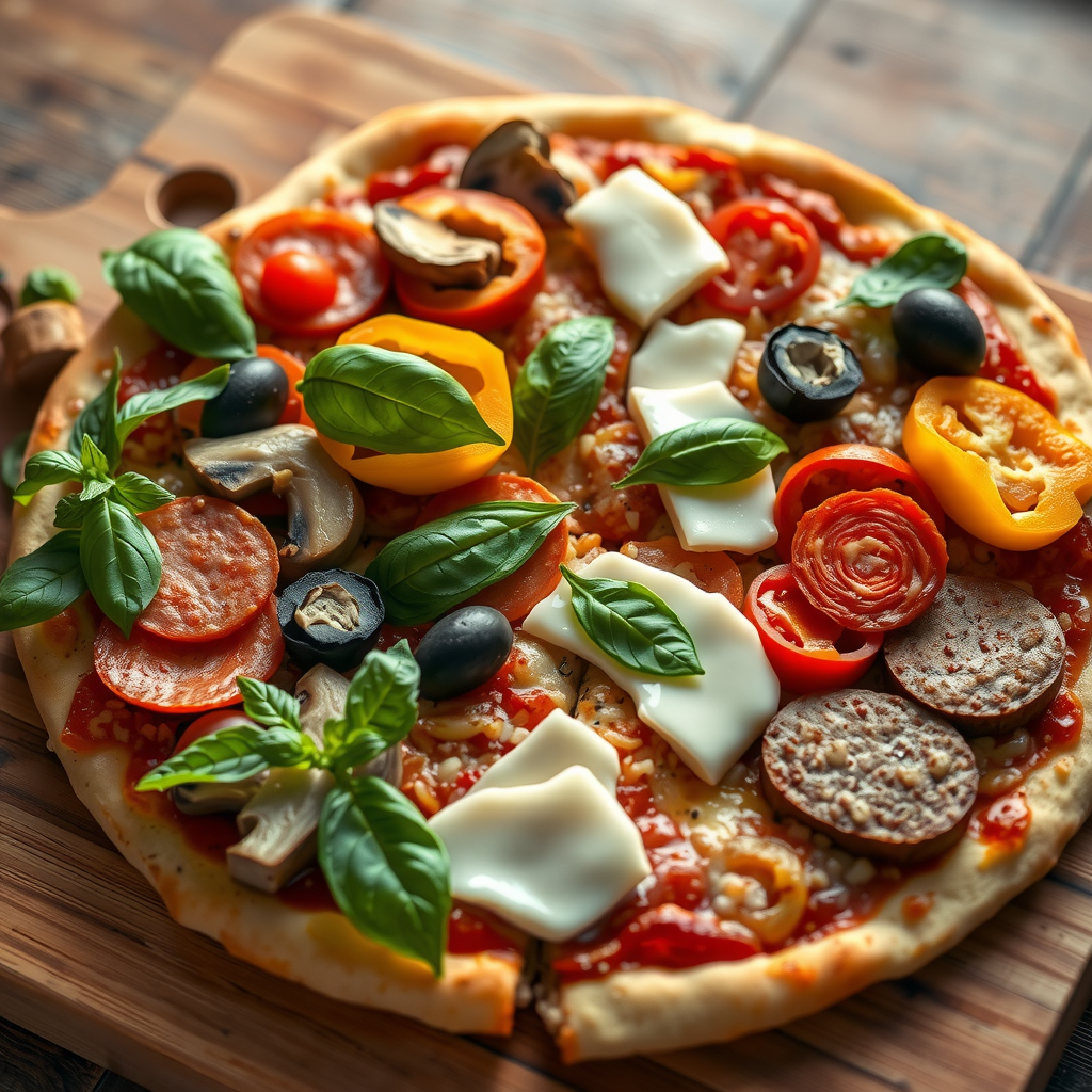 Colorful array of fresh pizza toppings including sliced pepperoni, mushrooms, bell peppers, olives, fresh basil, mozzarella cheese, and Italian sausage arranged on a rustic wooden cutting board