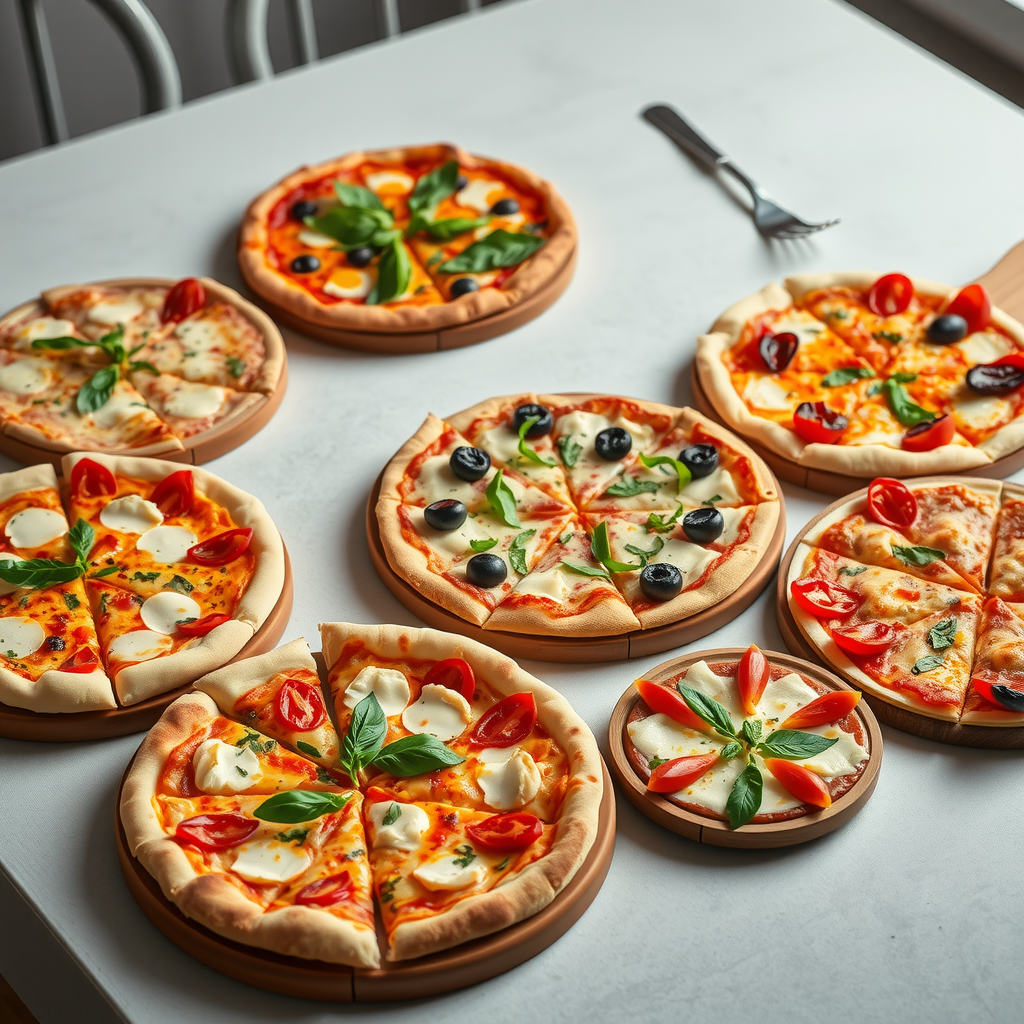 Variety of gourmet pizza platters featuring classic margherita, pepperoni, vegetarian supreme, and specialty pizzas arranged on wooden serving boards with fresh herbs and garnishes