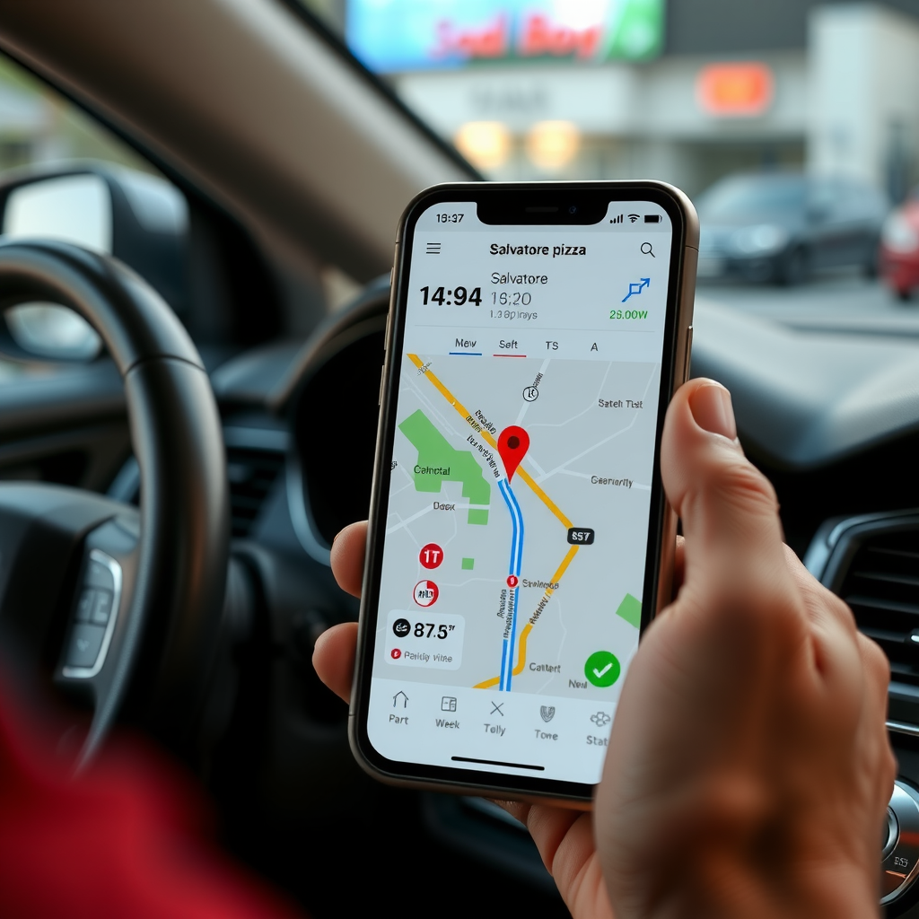Modern smartphone displaying GPS tracking interface with interactive map showing delivery driver location, route path, and estimated arrival time for Salvatore pizza delivery