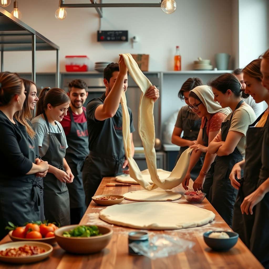 Group of enthusiastic students in aprons learning to stretch and toss pizza dough during a hands-on workshop at Salvatore pizzeria, instructor demonstrating technique, bright kitchen environment with ingredients on wooden counters