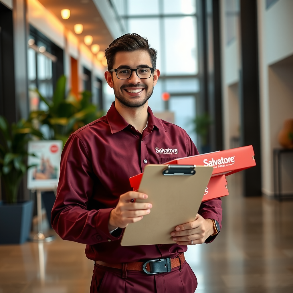Friendly Salvatore corporate account manager in burgundy uniform holding clipboard and pizza boxes, smiling professionally, standing in modern office lobby with company branding visible