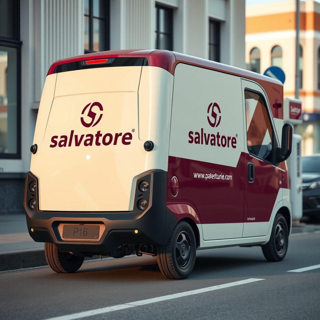 Sleek electric delivery vehicle in burgundy and cream Salvatore livery, featuring the company logo, parked on a city street with charging station visible in background