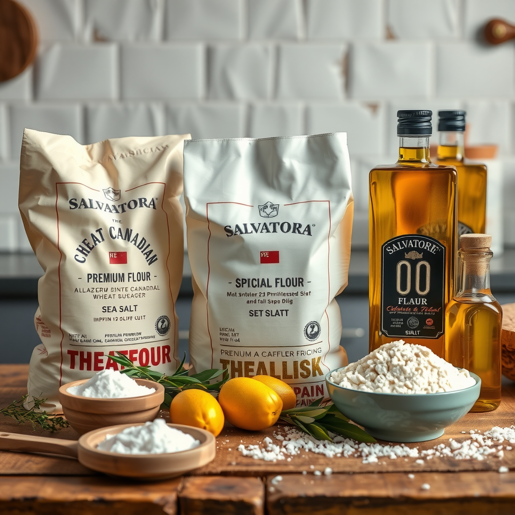 Artisanal display of premium Canadian wheat flour bags alongside imported Italian 00 flour, with fresh ingredients including sea salt, spring water, and olive oil arranged on a rustic wooden table in Salvatore's kitchen