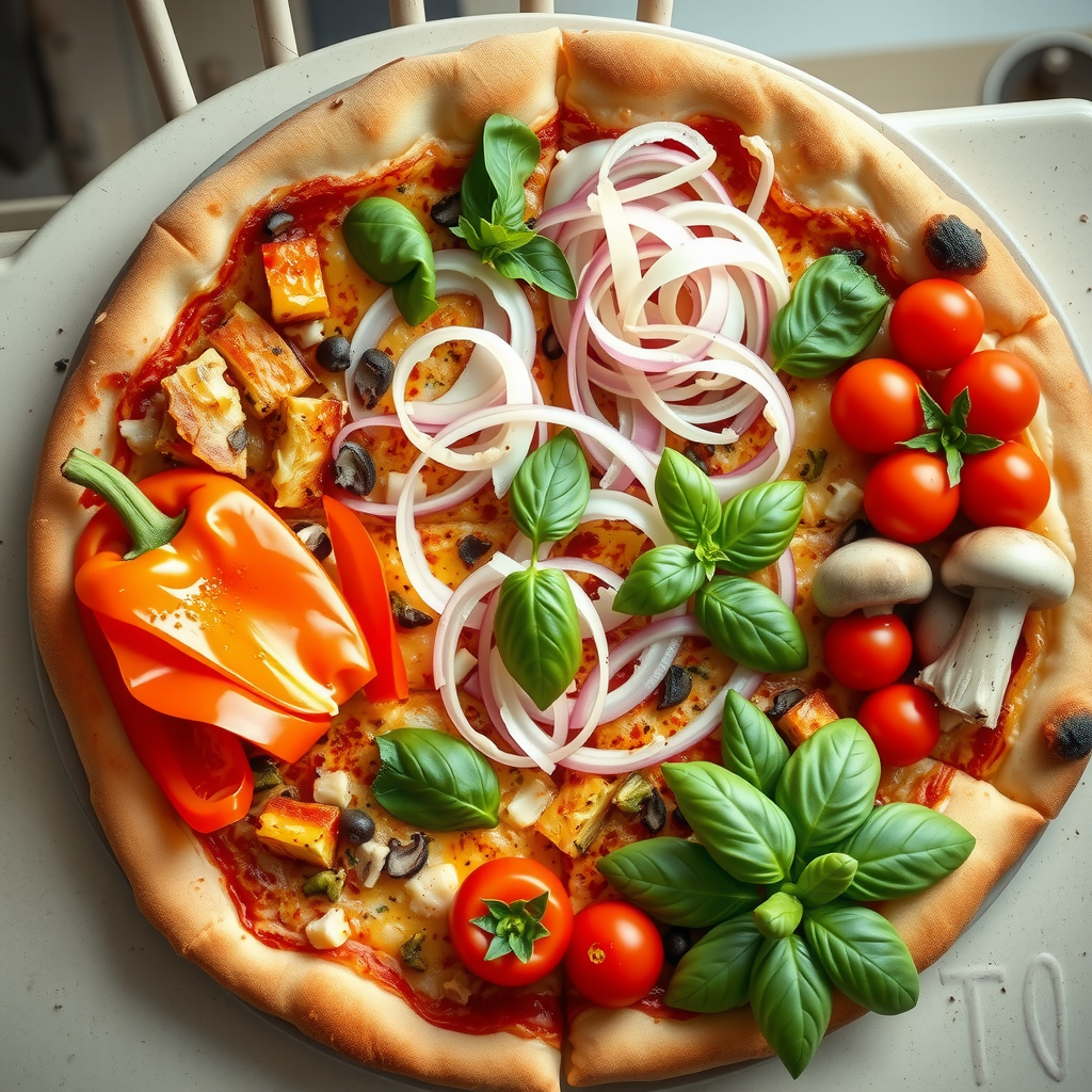 Overhead view of fresh vegetable pizza toppings arranged in sections: roasted red peppers, caramelized onions, artichoke hearts, cherry tomatoes, fresh basil, and mushrooms on a vintage diner-style counter