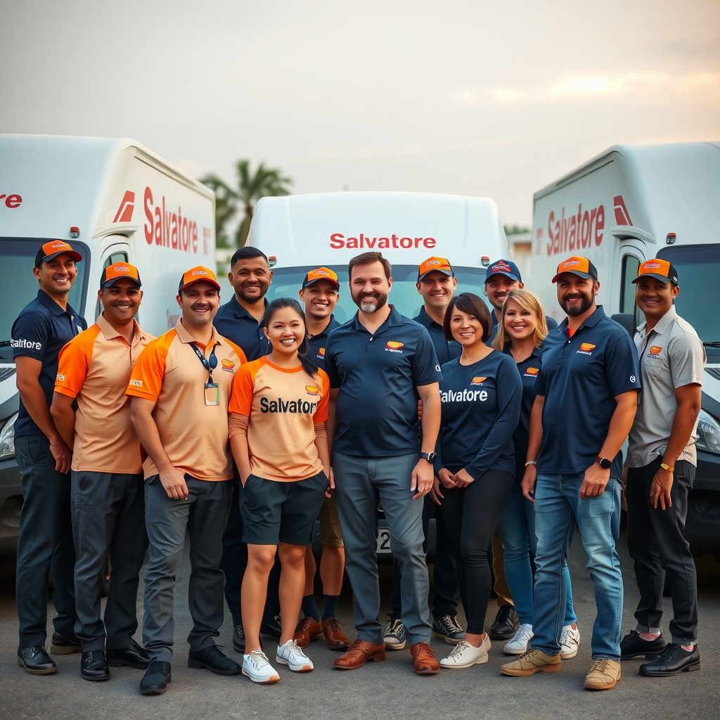 Group photo of Salvatore delivery drivers in branded uniforms standing in front of delivery vehicles, smiling and celebrating, diverse team of professionals, evening lighting