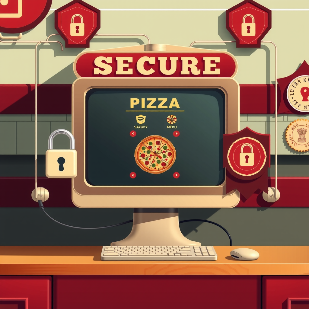 Retro-styled illustration showing secure online ordering process with padlock icons, computer screen displaying pizza menu, and security badges in classic 1950s diner burgundy and cream color palette