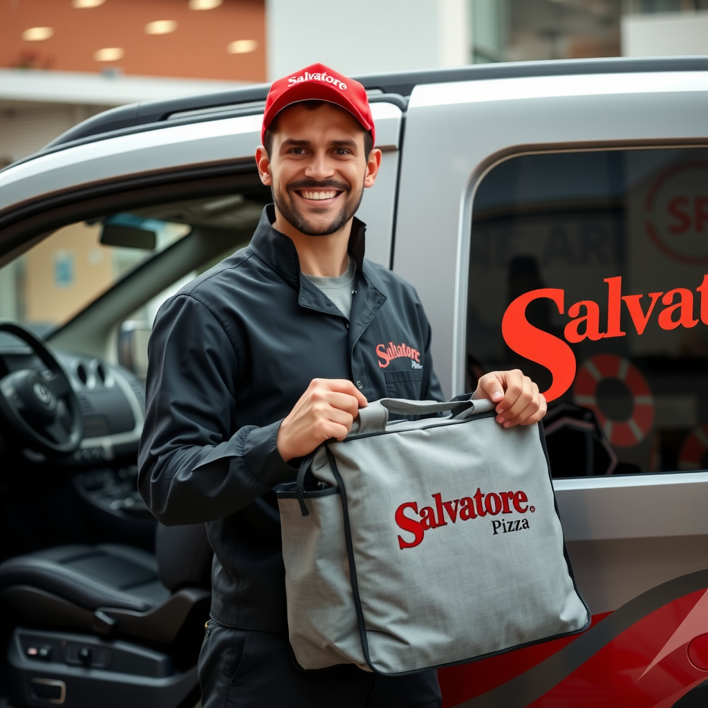 Friendly delivery driver in Salvatore uniform holding insulated pizza delivery bag next to branded delivery vehicle with GPS tracking device visible on dashboard