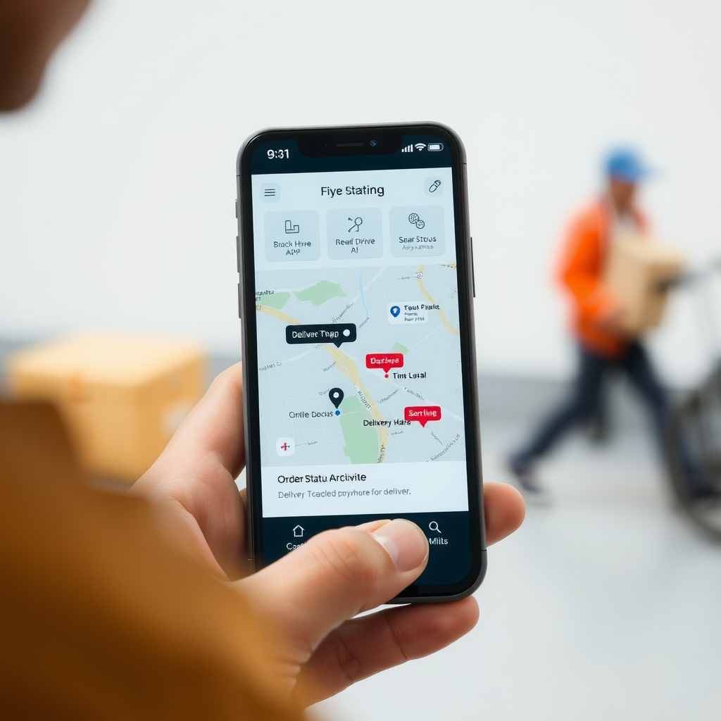Modern smartphone displaying a delivery tracking app with an interactive map showing the delivery driver's real-time location, estimated arrival time, and order status updates