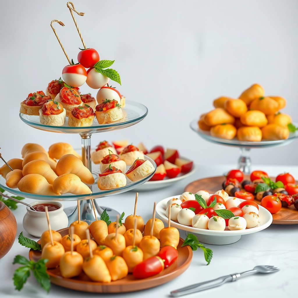 Elegant display of Italian appetizers including bruschetta, caprese skewers, garlic knots, mozzarella sticks, and antipasto platters arranged on tiered serving stands with decorative garnishes