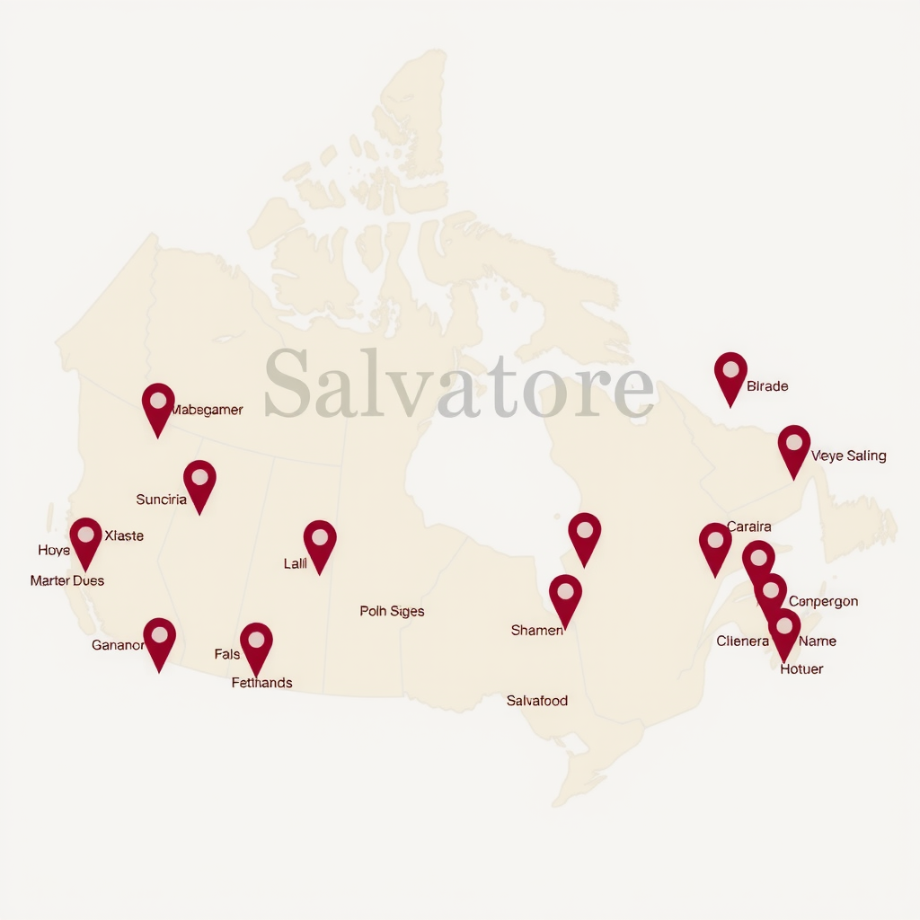 Illustrated map of Canada showing all major cities where Salvatore pizza delivery service operates, with burgundy location pins and delivery zones highlighted across provinces