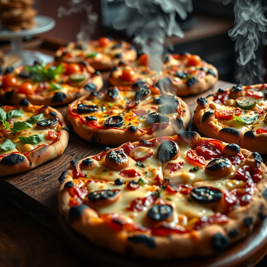Beautiful display of freshly baked artisan pizzas with perfectly charred crusts, melted cheese, and colorful toppings arranged on a rustic wooden board, steam rising, professional food photography lighting