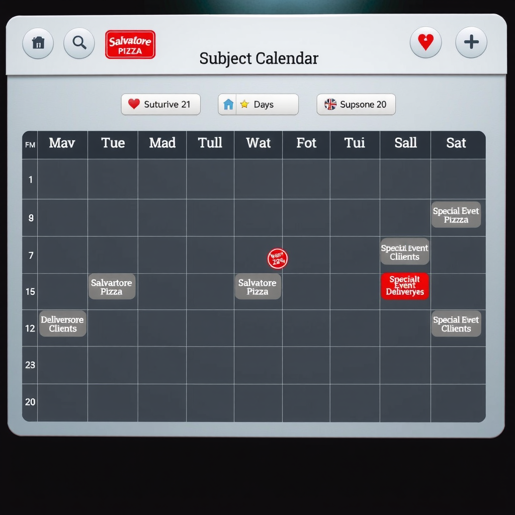 Visual calendar showing scheduled Salvatore pizza deliveries throughout the month for corporate clients, with different colored markers for daily, weekly, and special event deliveries, professional business planning interface