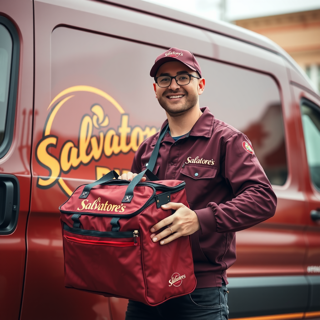 Professional delivery driver in Salvatore's burgundy uniform holding insulated pizza delivery bag, standing next to delivery vehicle with Salvatore's logo, smiling and ready to deliver fresh hot pizza to customers in Sudbury