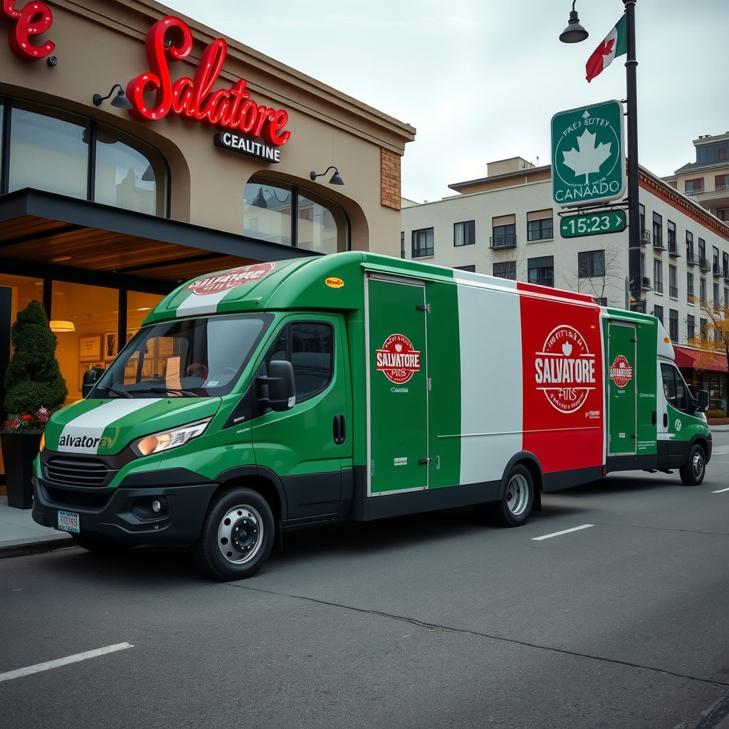 Modern pizza delivery trucks with Salvatore branding parked outside new kitchen facilities in Canadian cities, eco-friendly vehicles with Italian flag colors