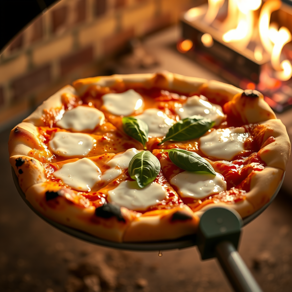 Close-up of a freshly baked Margherita pizza with bubbling mozzarella cheese, fresh basil leaves, and charred crust edges, being removed from a traditional wood-fired oven with flames visible in background