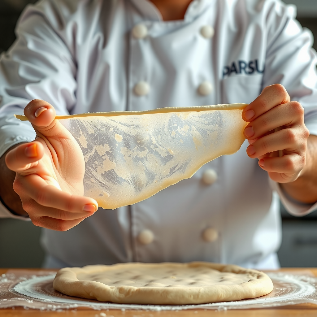 Chef Marco Benedetti performing the windowpane test on pizza dough, stretching a thin piece between his fingers to show light passing through the translucent gluten network, demonstrating perfect dough development