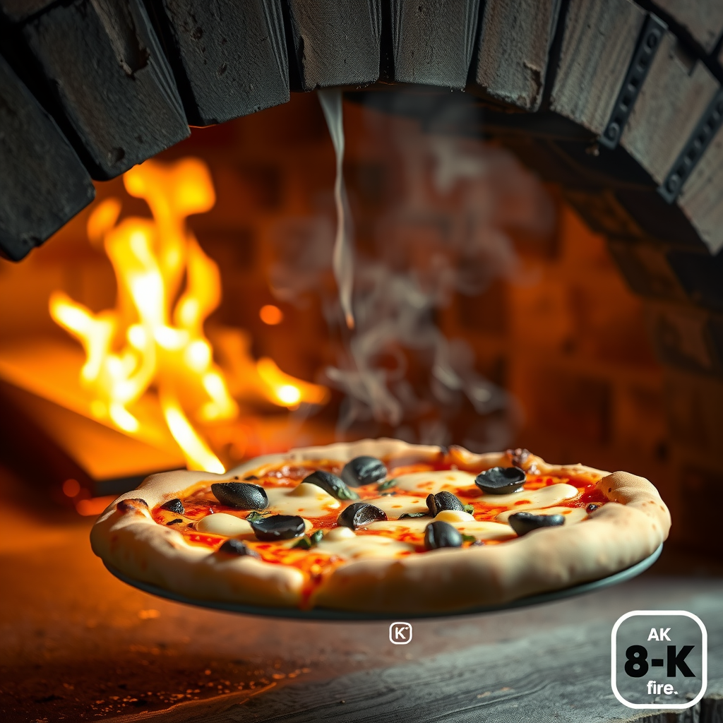 Dramatic shot of a plant-based pizza being pulled from a traditional wood-fired brick oven with flames visible in background, showing perfectly charred crust and bubbling dairy-free cheese with steam rising